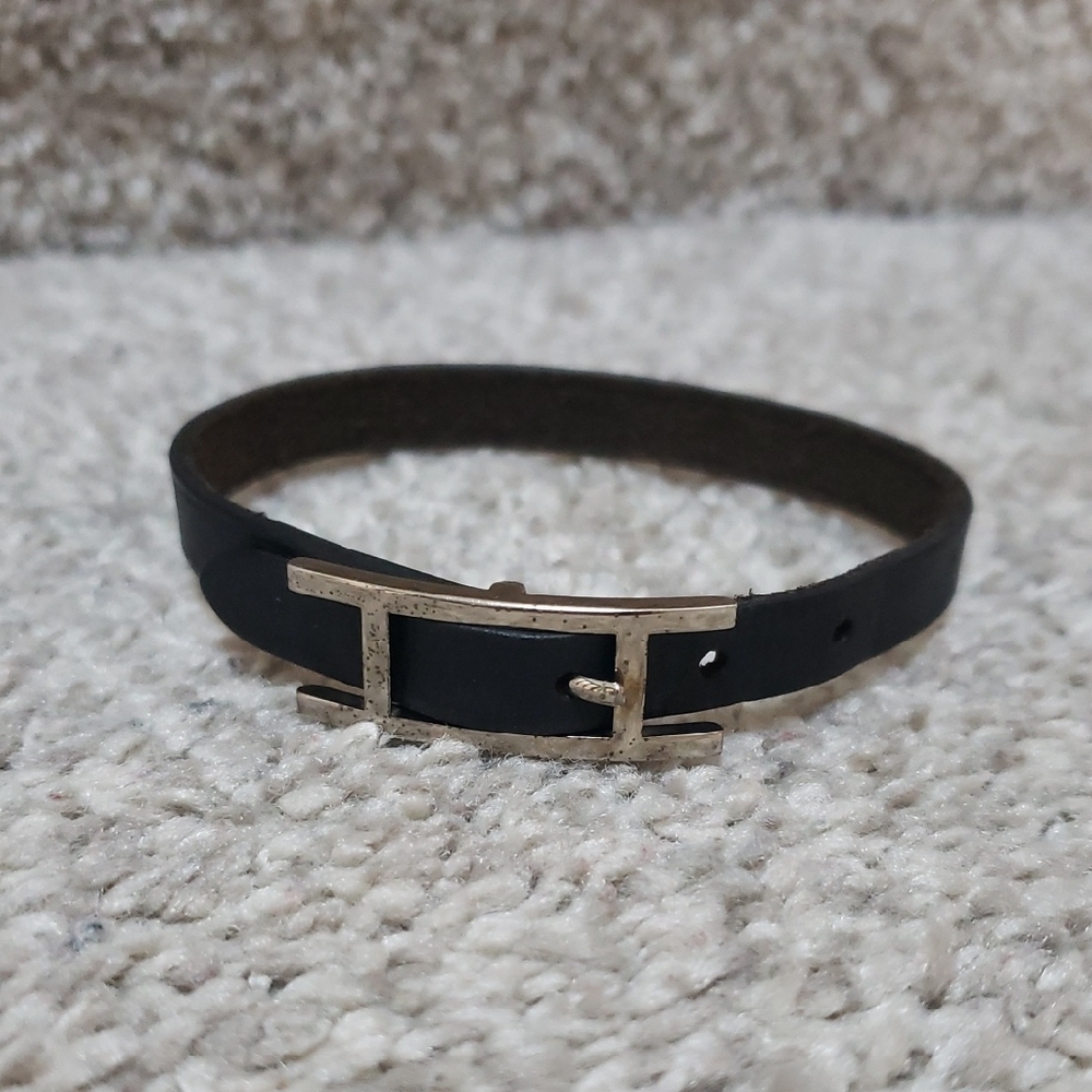 Hermes Adjustable Black Leather Bracelet with Silver H Buckle